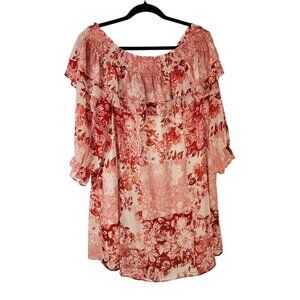 House of Harlow 1960 Pink White Red Off Shoulder Flowy Dress Sz L
